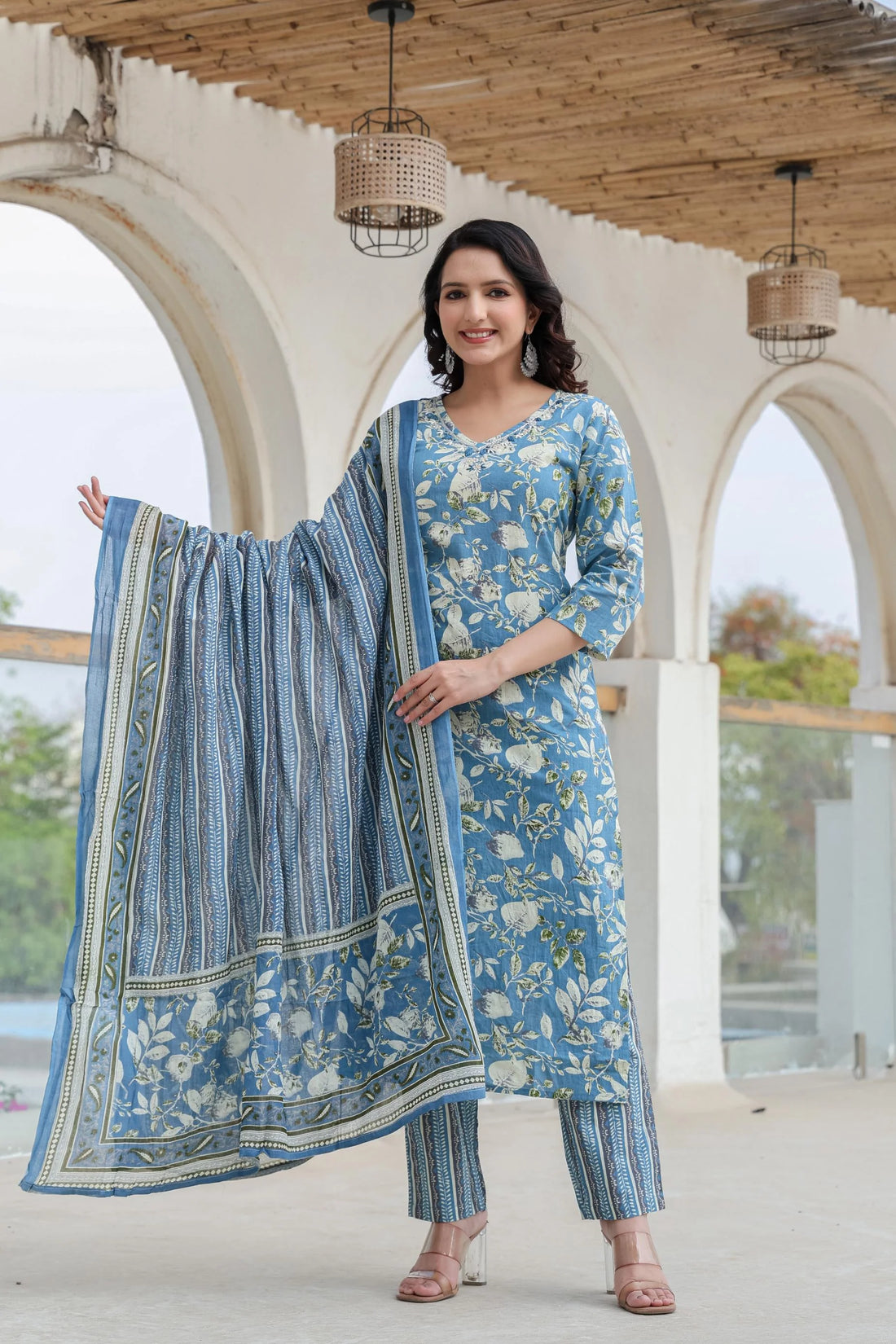 Blue Floral Printed Cotton Suit Set with Dupatta