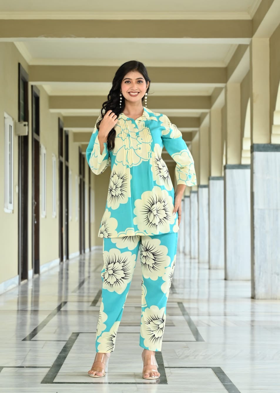 Aqua Blue Floral Printed Co-ord Set