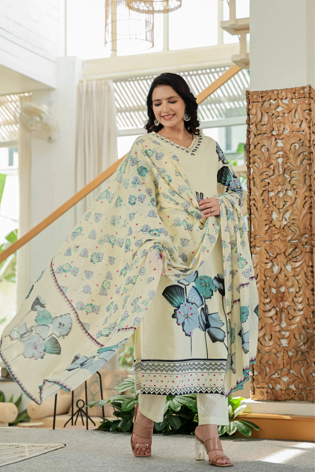 Cream Floral Printed Cotton Kurta Set