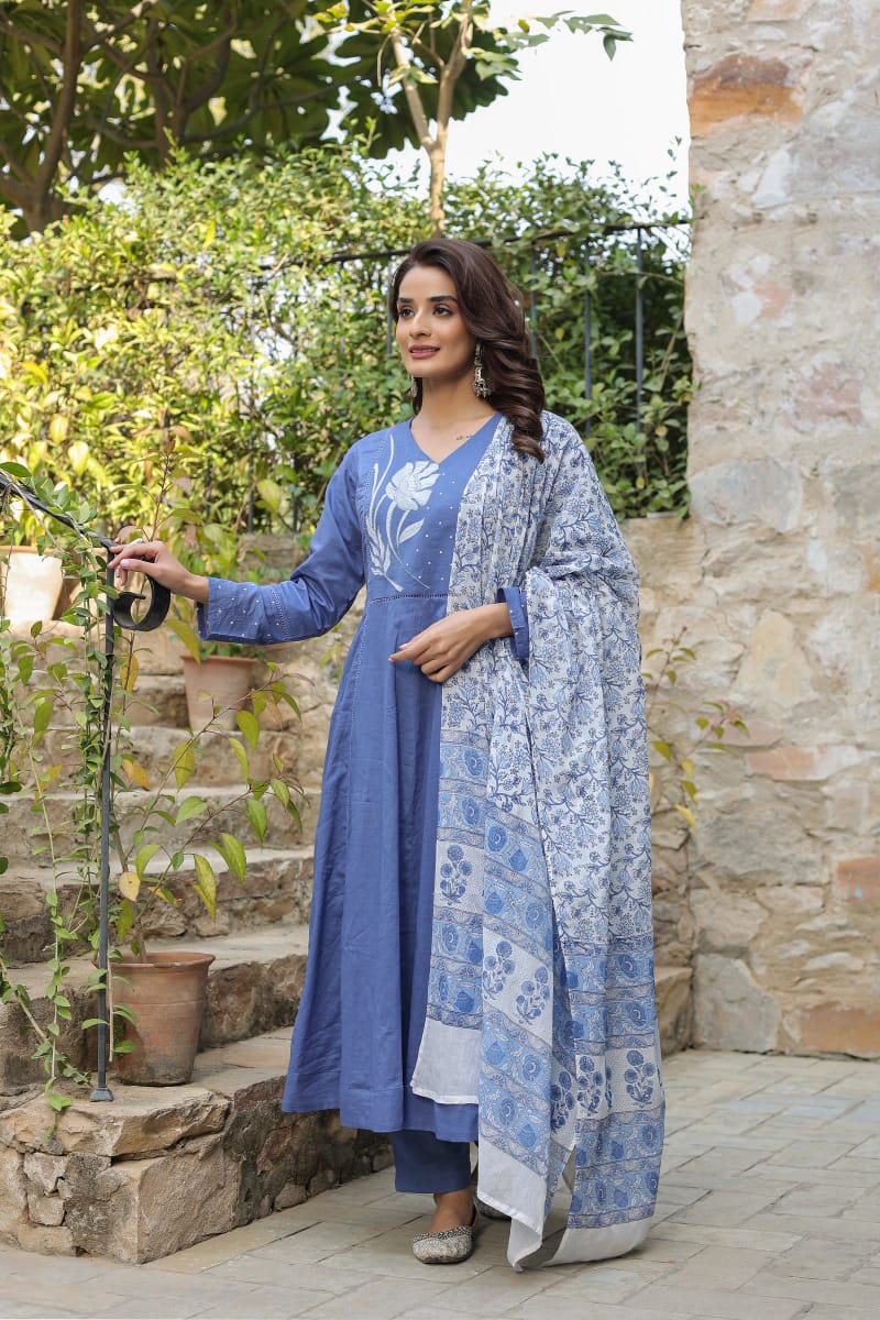 Blue Floral Printed Cotton Kurta Set with Dupatta