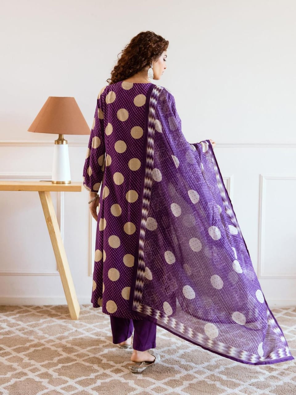 Purple Golden Polka Printed Flared Kurta Set with Dupatta
