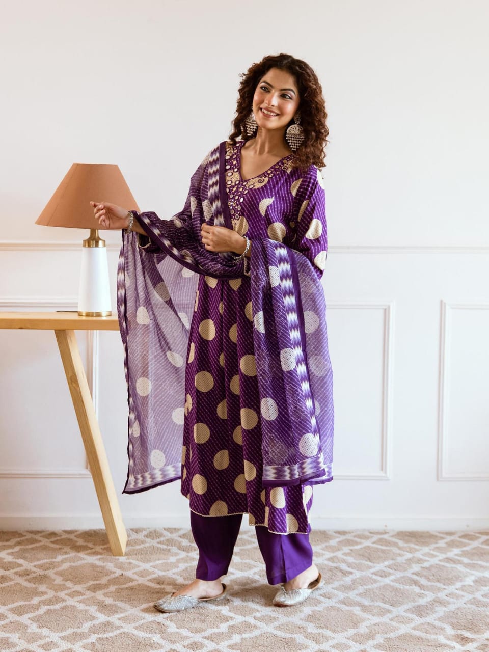Purple Golden Polka Printed Flared Kurta Set with Dupatta