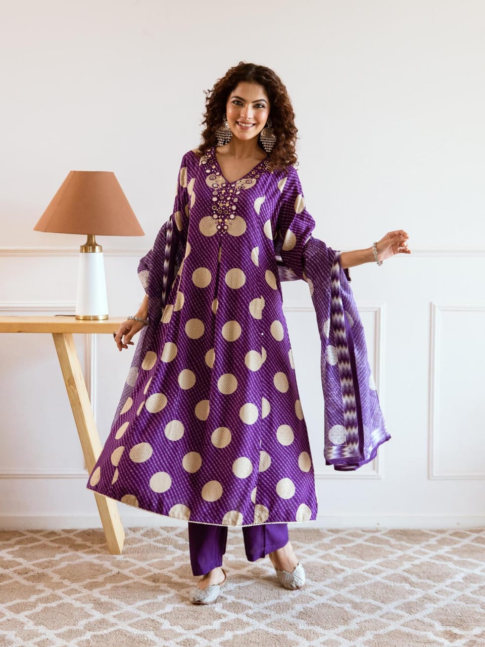 Purple Golden Polka Printed Flared Kurta Set with Dupatta