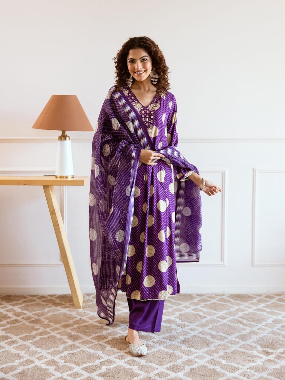 Purple Golden Polka Printed Flared Kurta Set with Dupatta