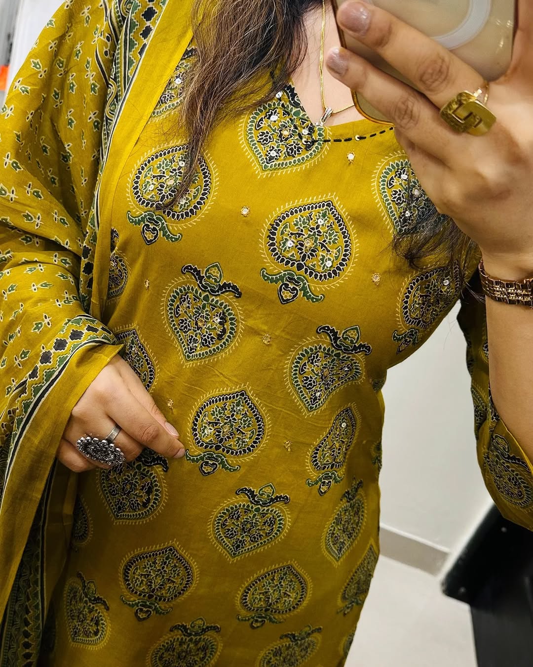 Mustard Yellow Cotton Printed Kurta Set with Dupatta