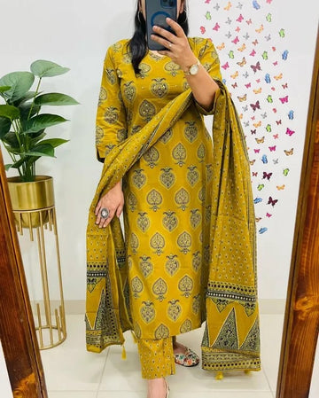 Mustard Yellow Cotton Printed Kurta Set with Dupatta