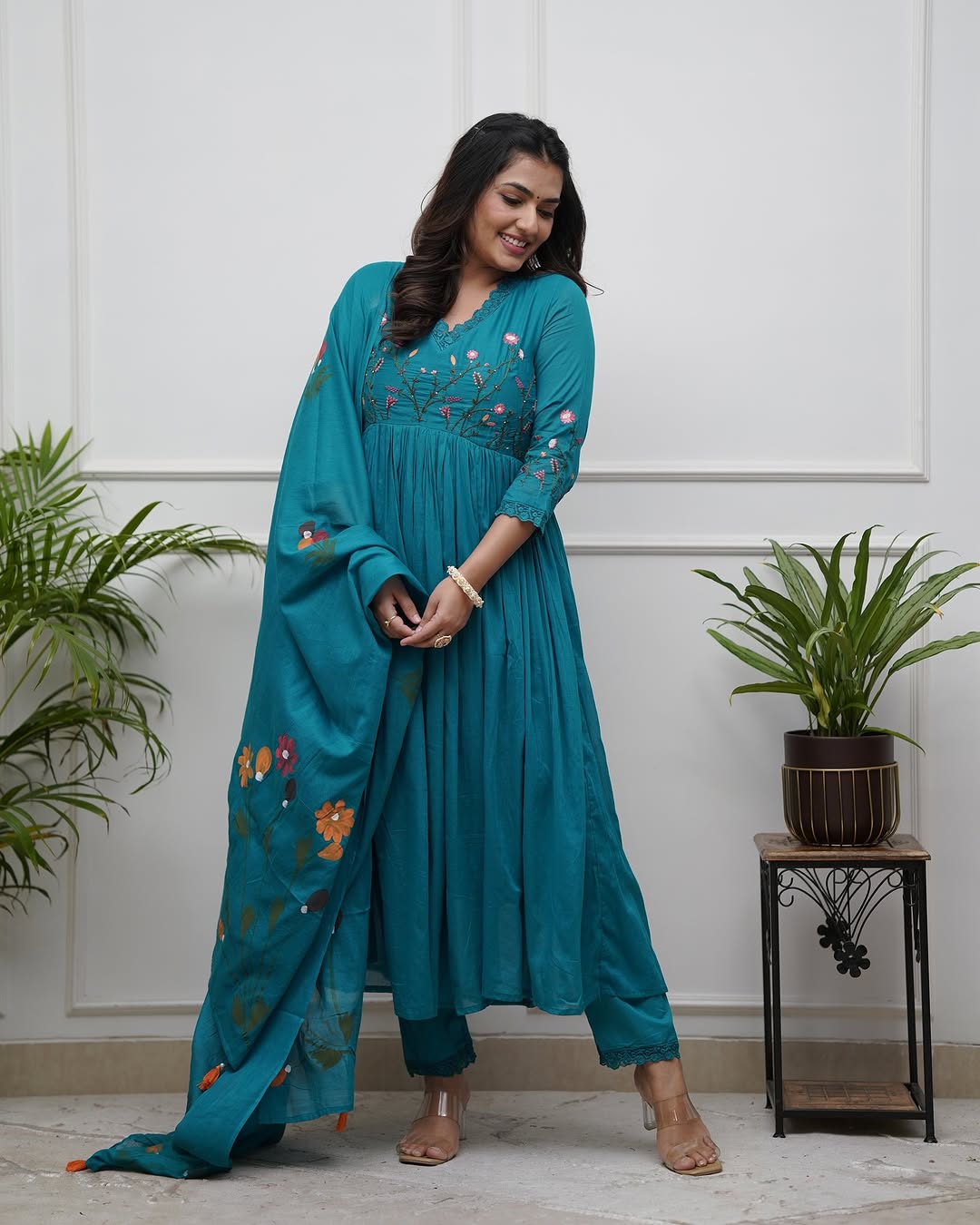 Teal Blue Embroidered Flared Kurta Set with Dupatta