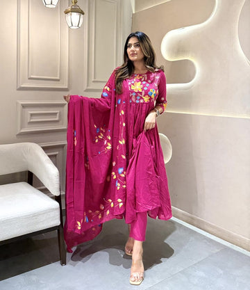 Magenta Floral Embroidered Anarkali Kurta Set with Dupatta