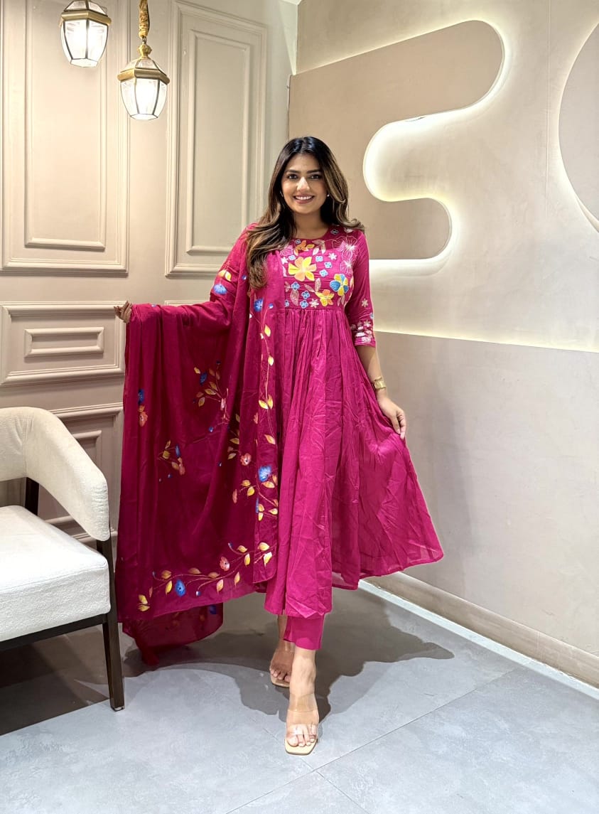 Magenta Floral Embroidered Anarkali Kurta Set with Dupatta