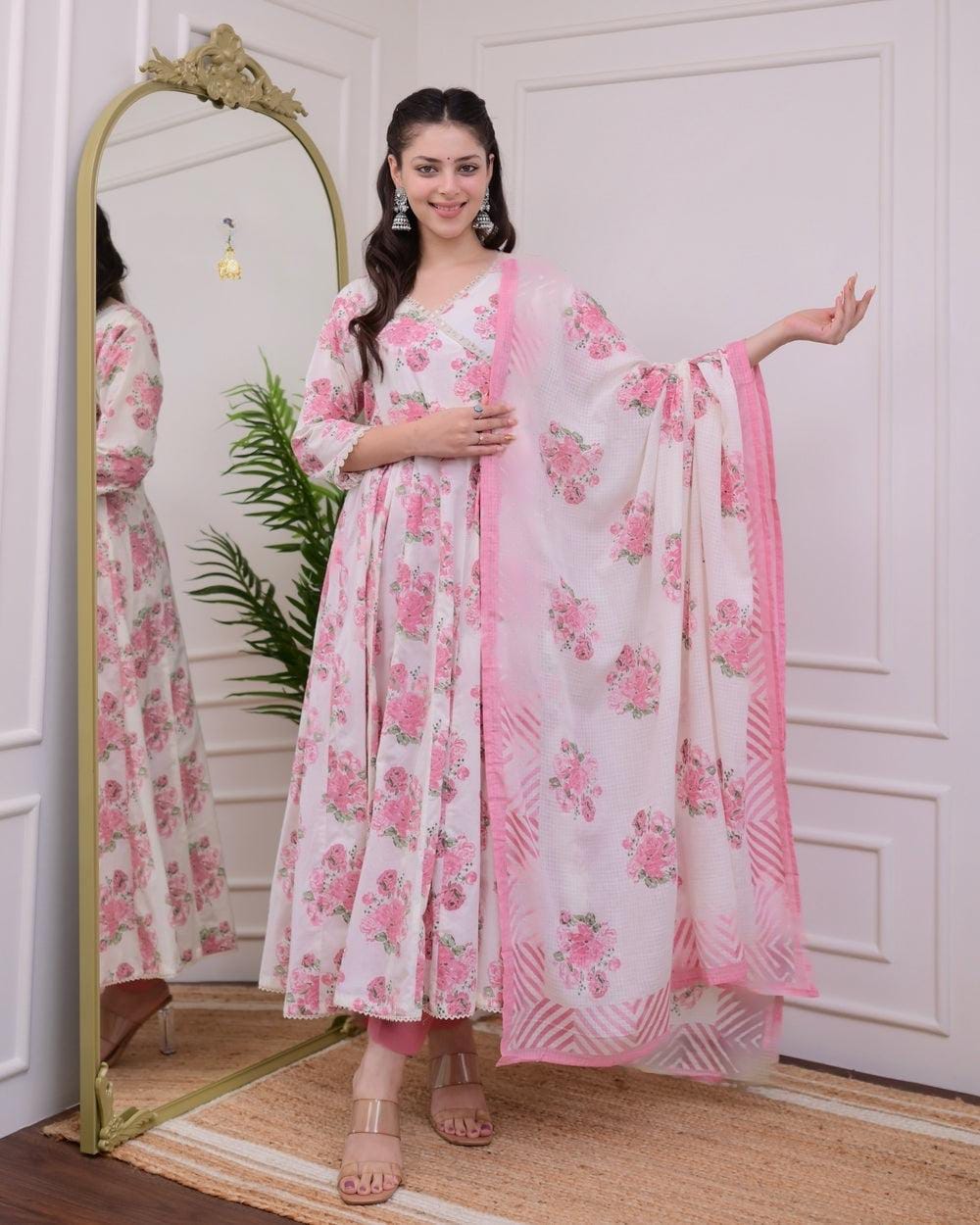 🌸 Pink Floral Anarkali Kurta Set with Dupatta