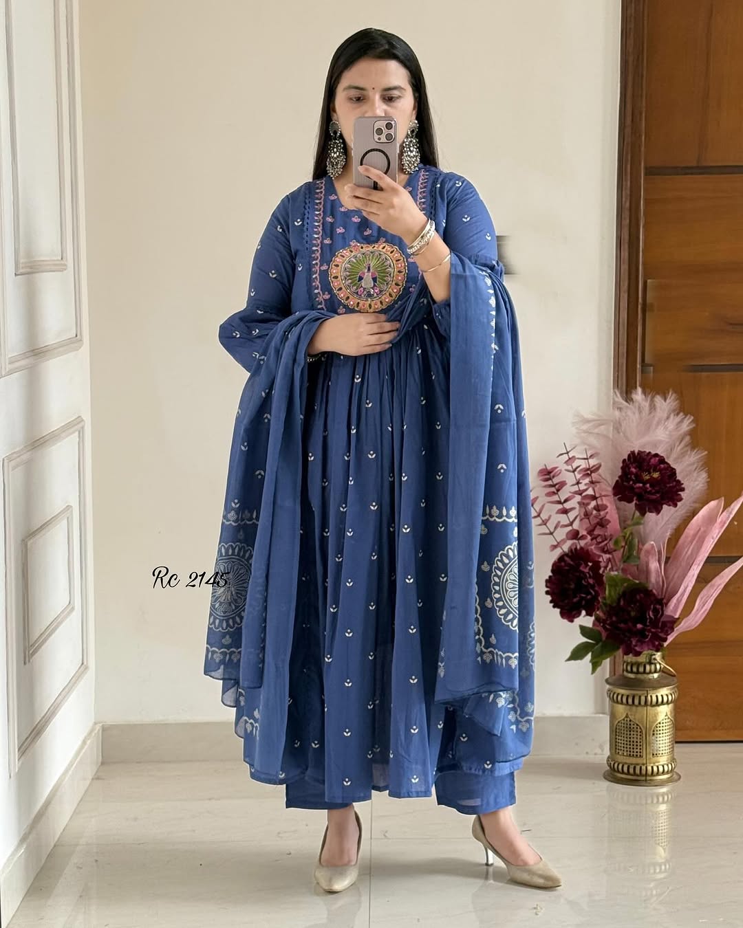 Regal Blue Embroidered Cotton Anarkali Set with Dupatta