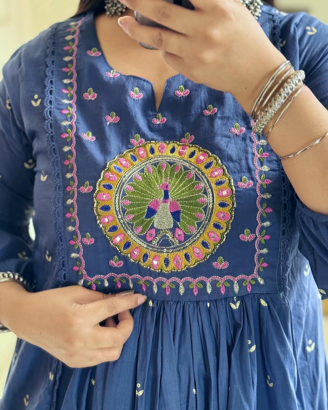 Regal Blue Embroidered Cotton Anarkali Set with Dupatta