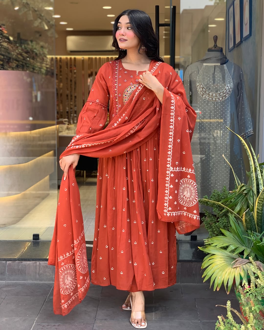 Orange Embroidered Cotton Anarkali Set with Dupatta