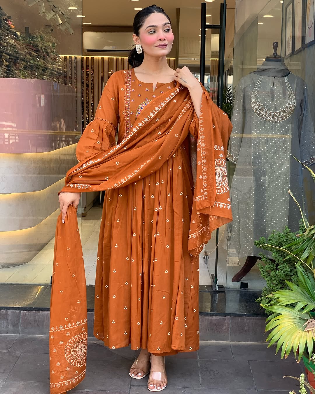 Rust Orange Embroidered Anarkali Kurta Set with Dupatta