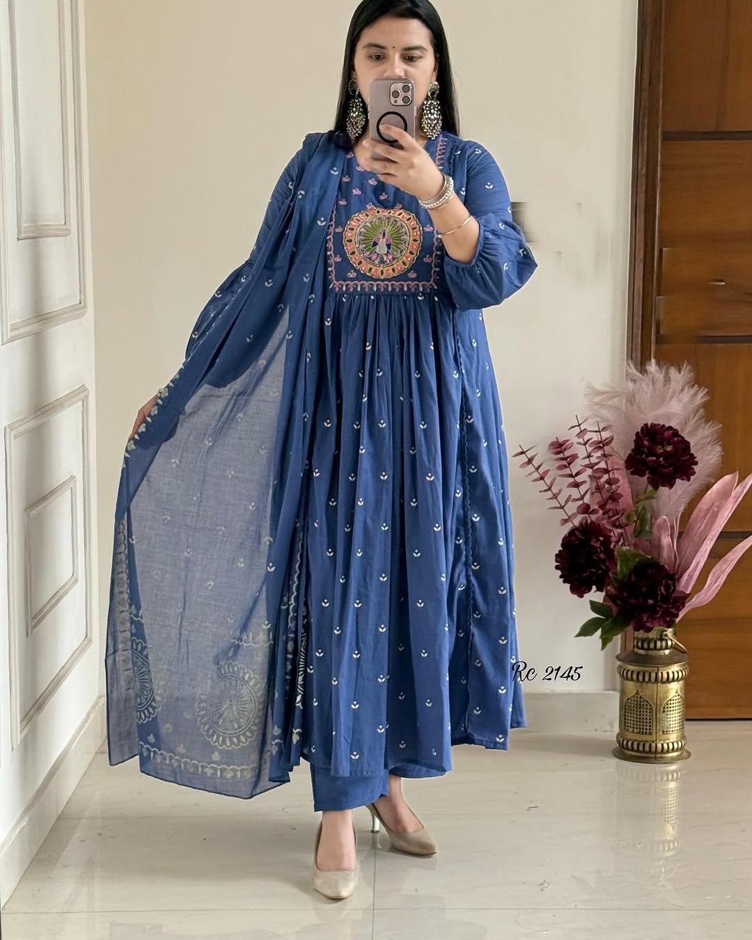 Regal Blue Embroidered Cotton Anarkali Set with Dupatta