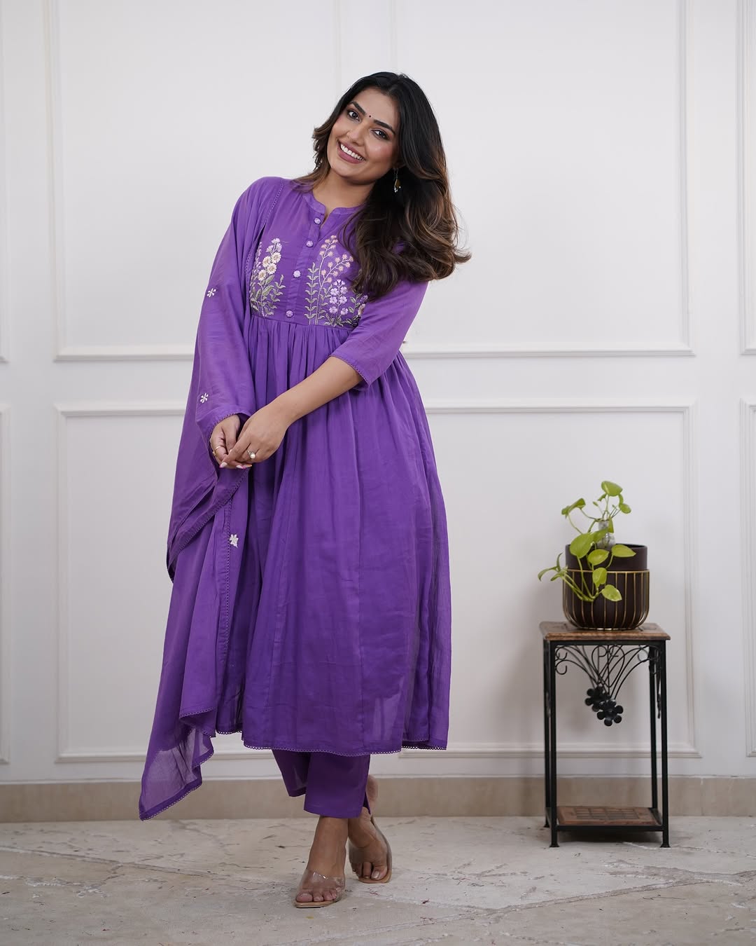 Elegant Purple Cotton Anarkali Kurta Set with Dupatta