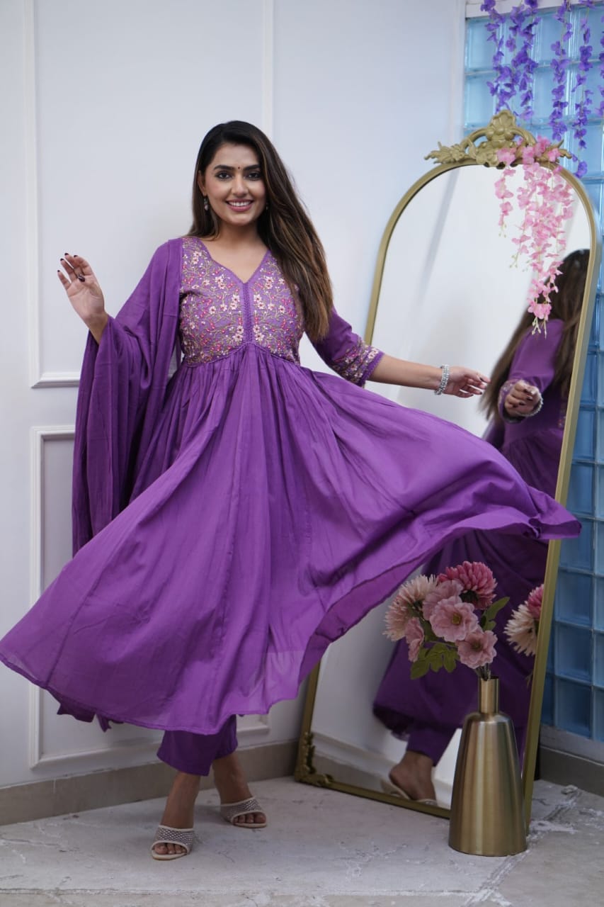 Elegant Purple Embroidered Flared Kurta Set with Dupatta