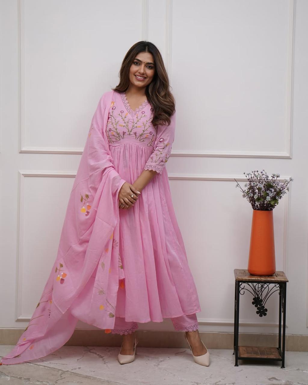 Blush Pink Embroidered Flared Kurta Set with Dupatta
