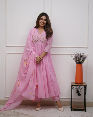 Blush Pink Embroidered Flared Kurta Set with Dupatta