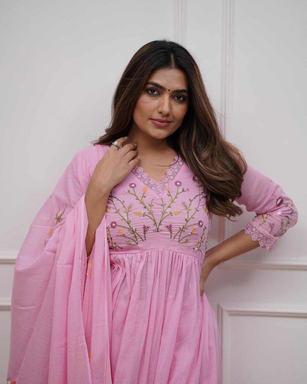 Blush Pink Embroidered Flared Kurta Set with Dupatta