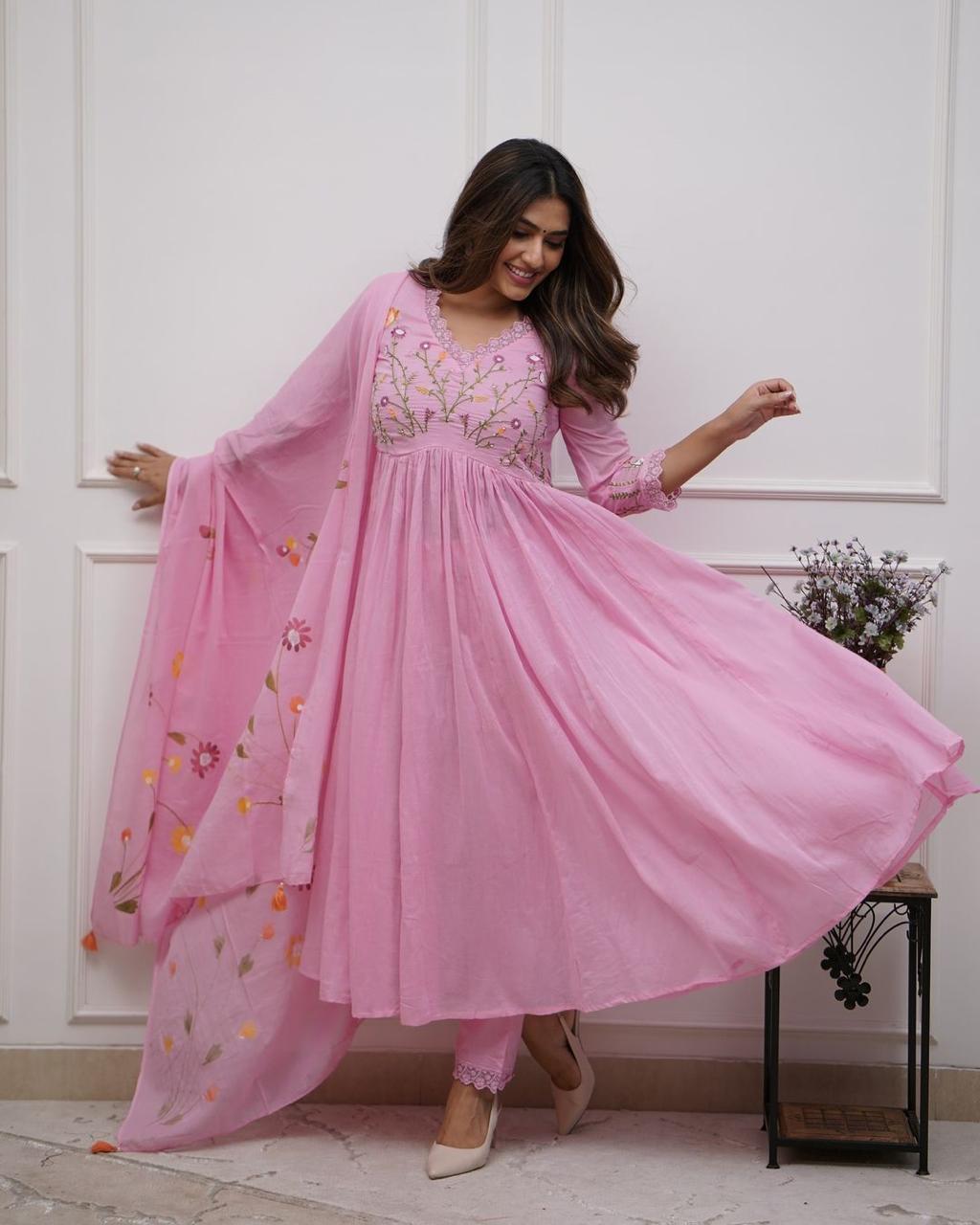 Blush Pink Embroidered Flared Kurta Set with Dupatta