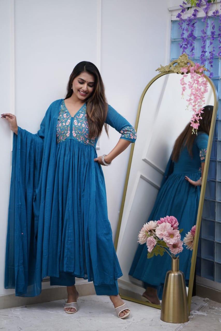 Teal Blue Embroidered Cotton Kurta Set with Dupatta
