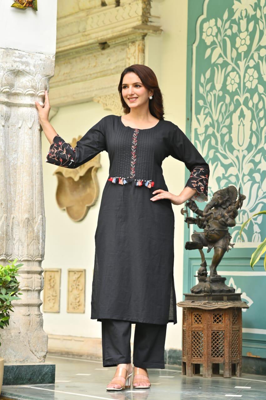 Black Embroidered Cotton Kurta Set with Tassel Detailing
