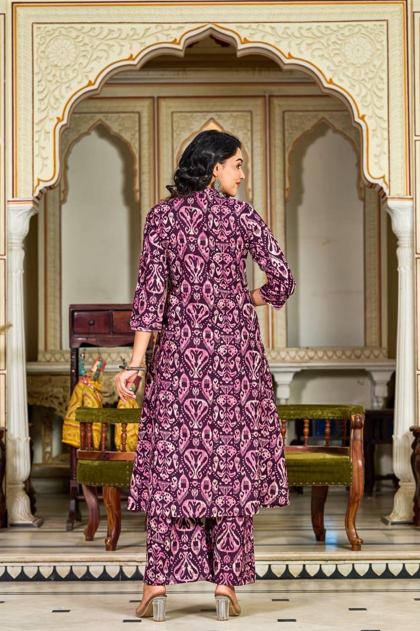 Wine Ikat Printed Cotton Kurta Set