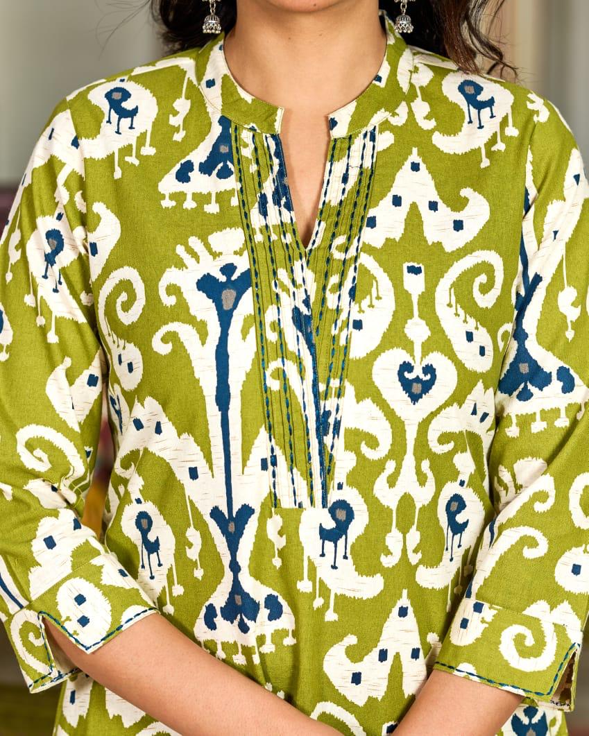 Green Ikat Printed Cotton Kurta Set