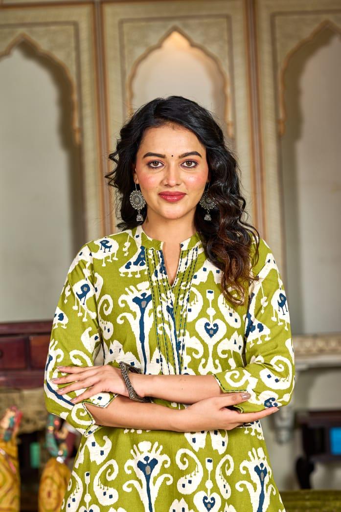 Green Ikat Printed Cotton Kurta Set
