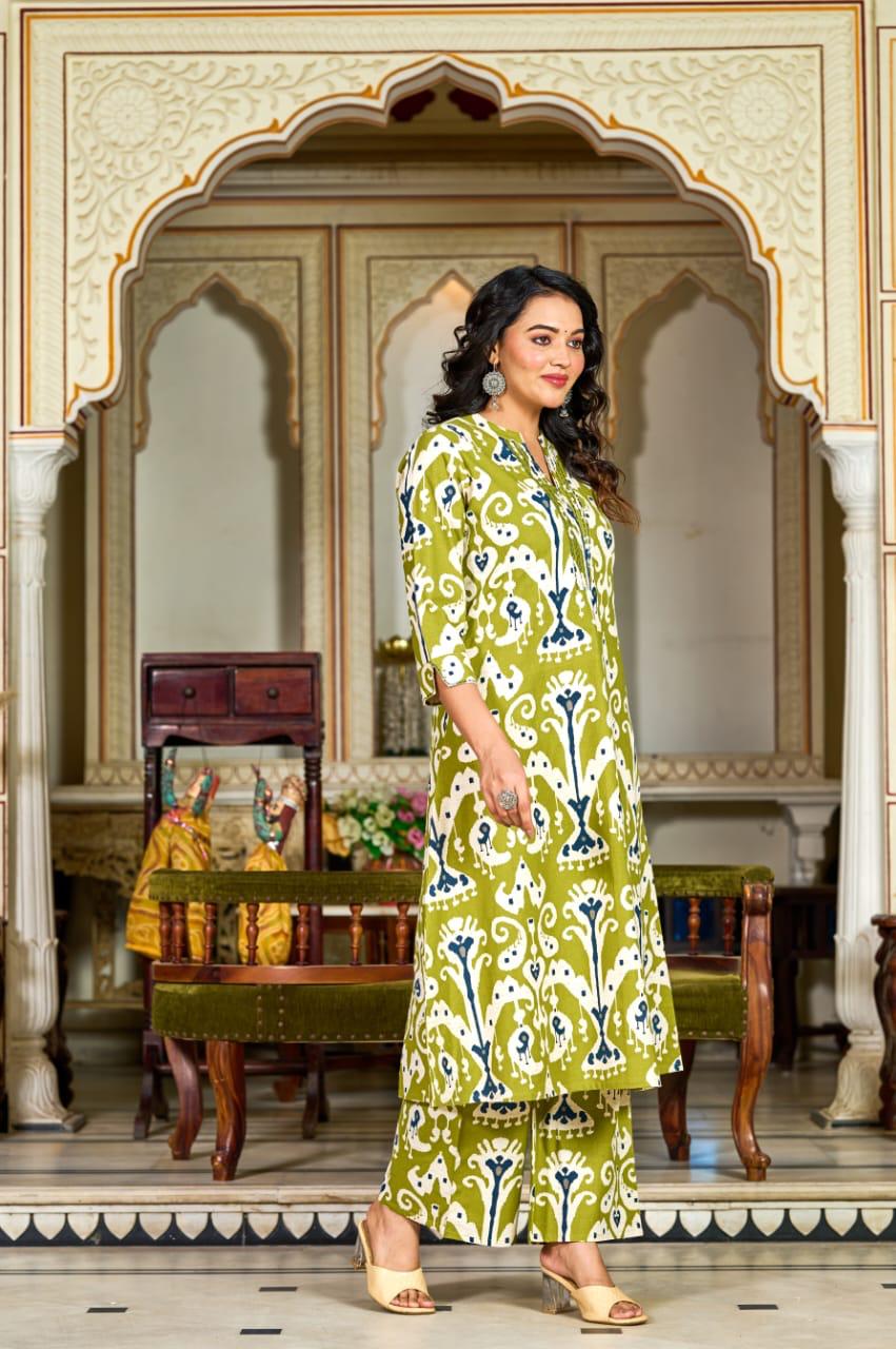 Green Ikat Printed Cotton Kurta Set