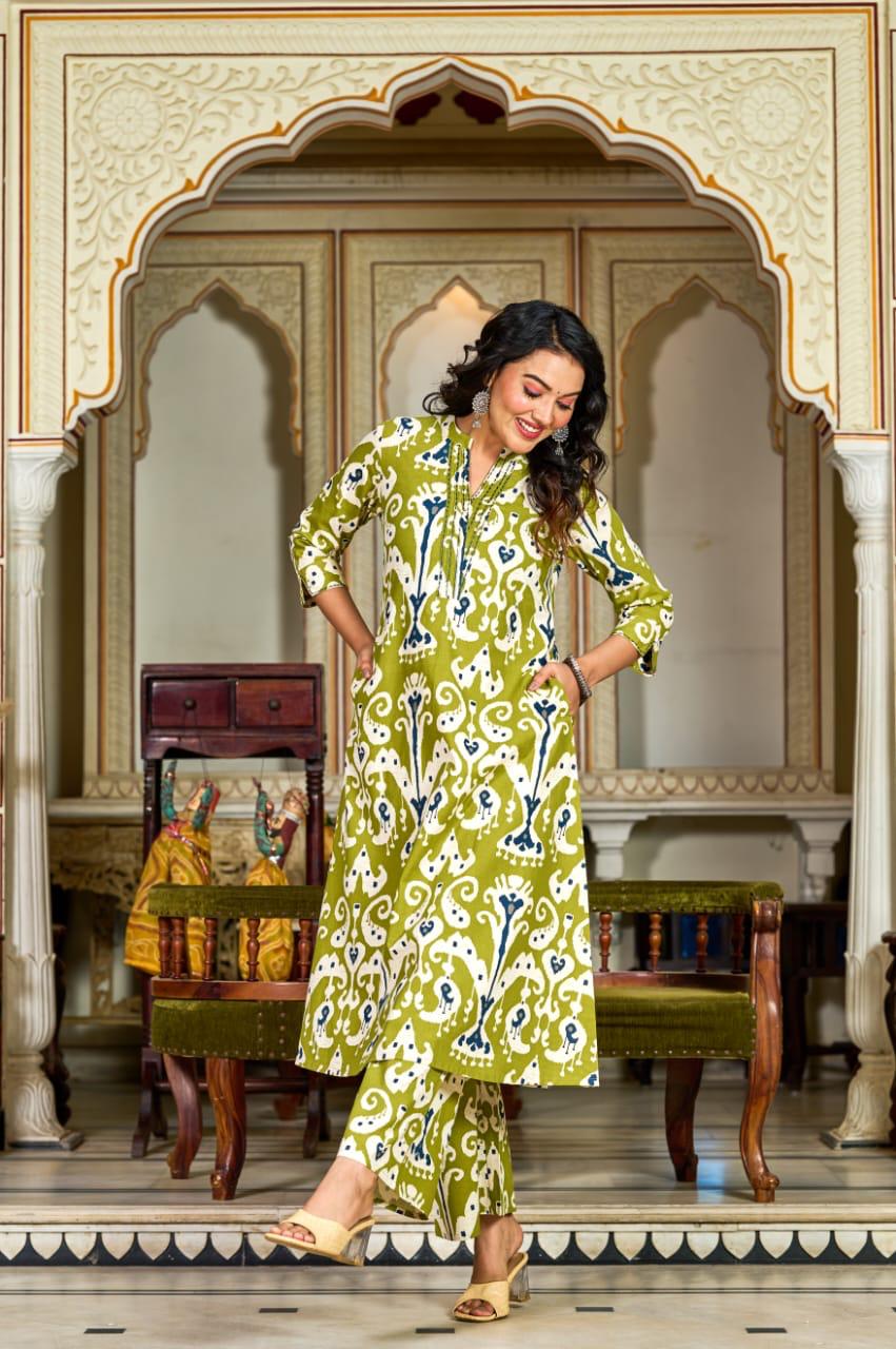 Green Ikat Printed Cotton Kurta Set