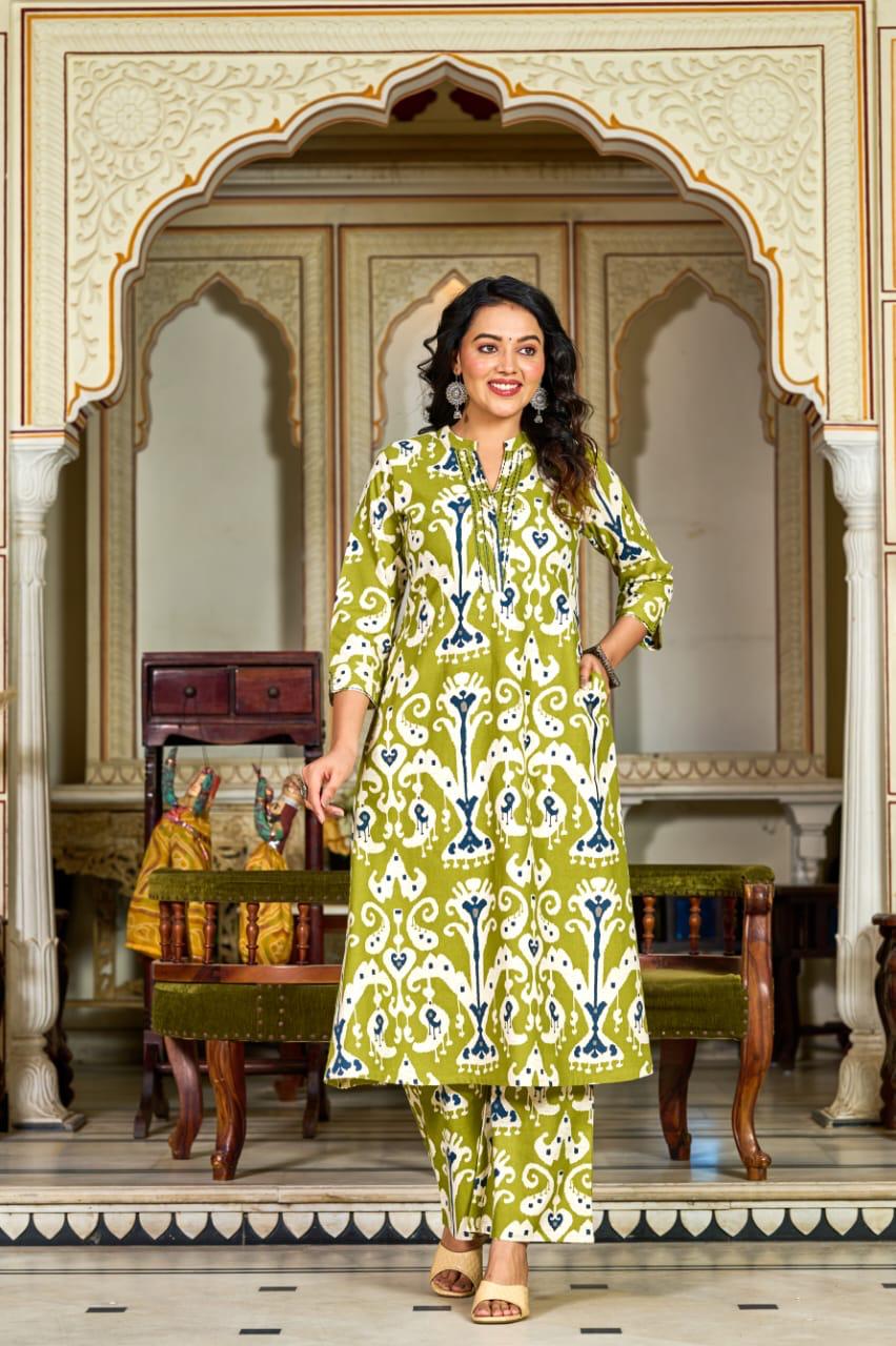 Green Ikat Printed Cotton Kurta Set
