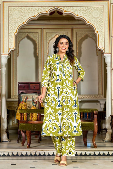 Green Ikat Printed Cotton Kurta Set