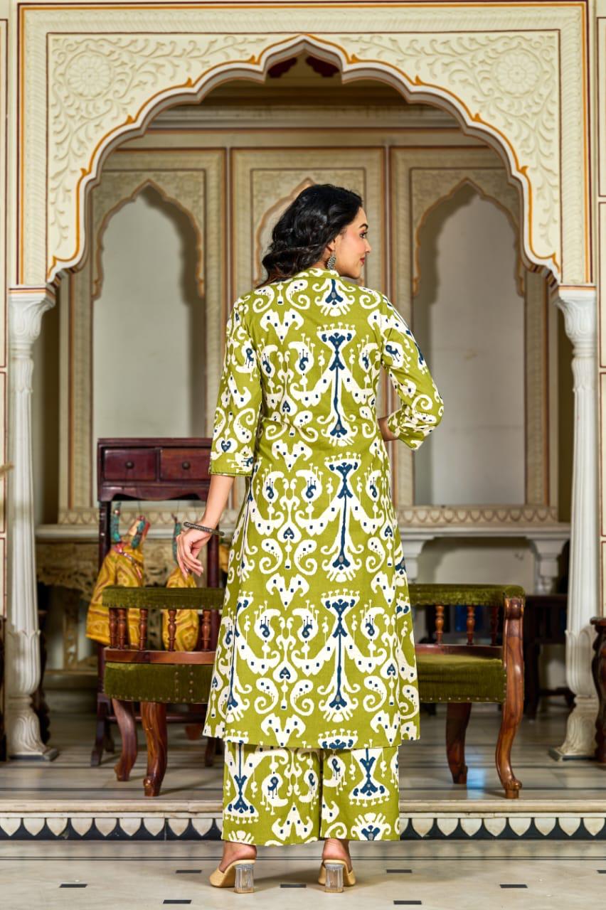 Green Ikat Printed Cotton Kurta Set