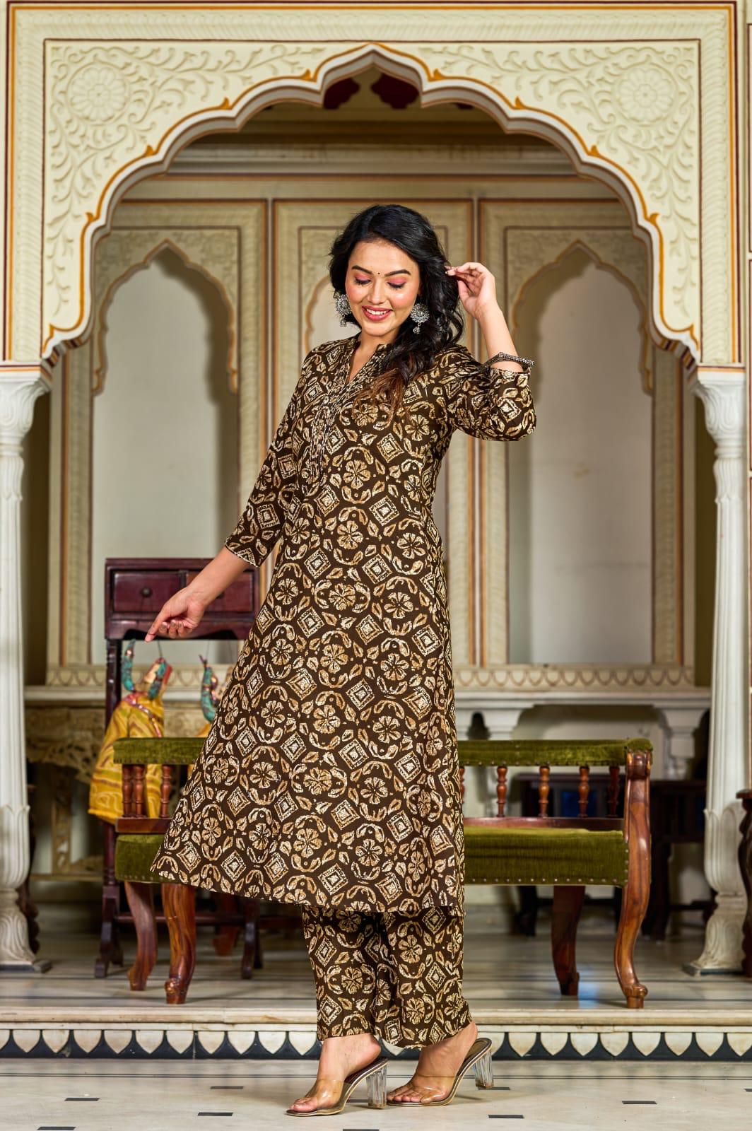 Brown Ikat Printed Cotton Kurta Set
