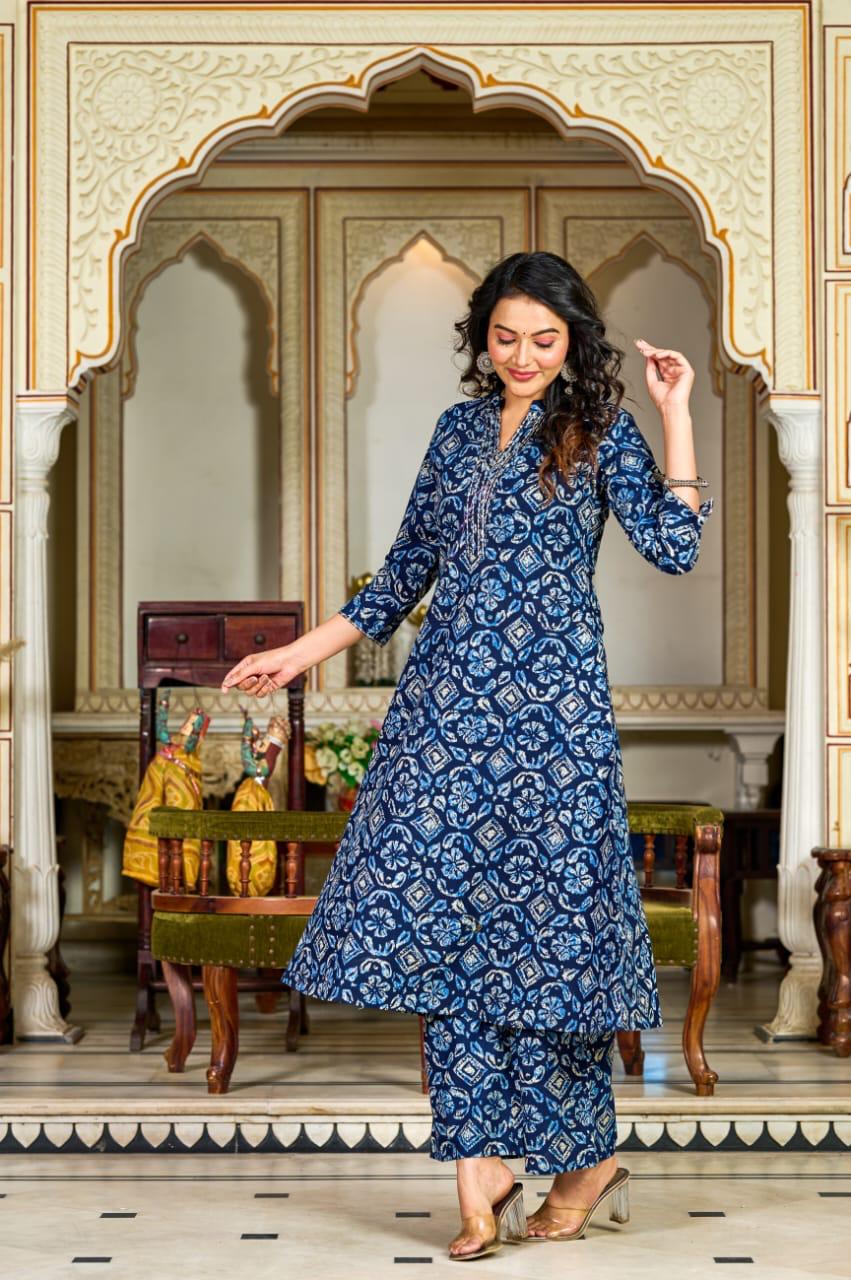 Blue Handblock Printed Cotton Kurta Set