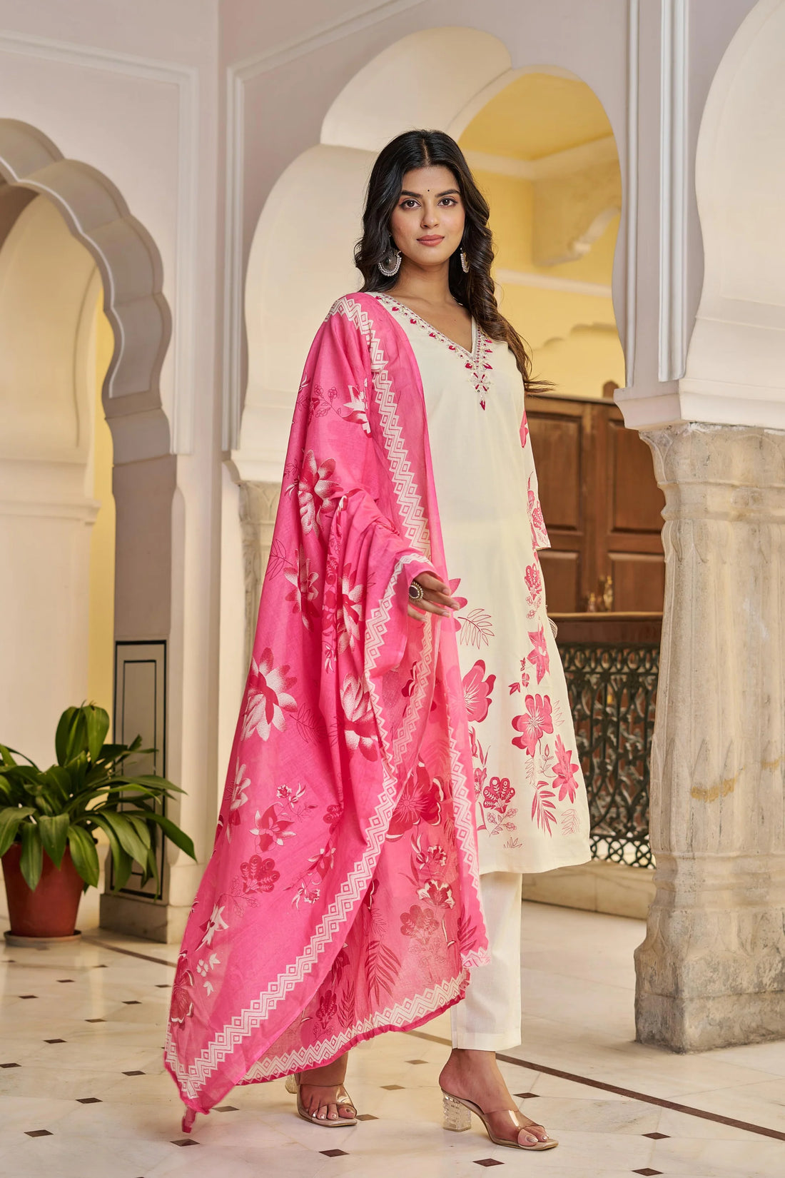 Cream & Pink Floral Printed Cotton Suit Set with Dupatta