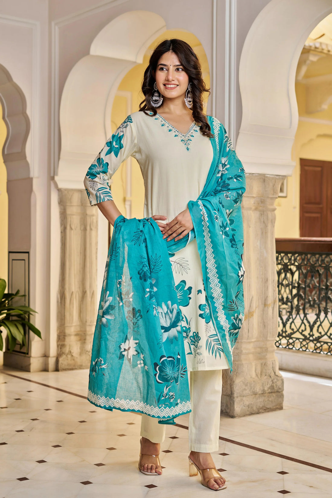 Cream & Teal Blue Floral Printed Cotton Suit Set with Dupatta