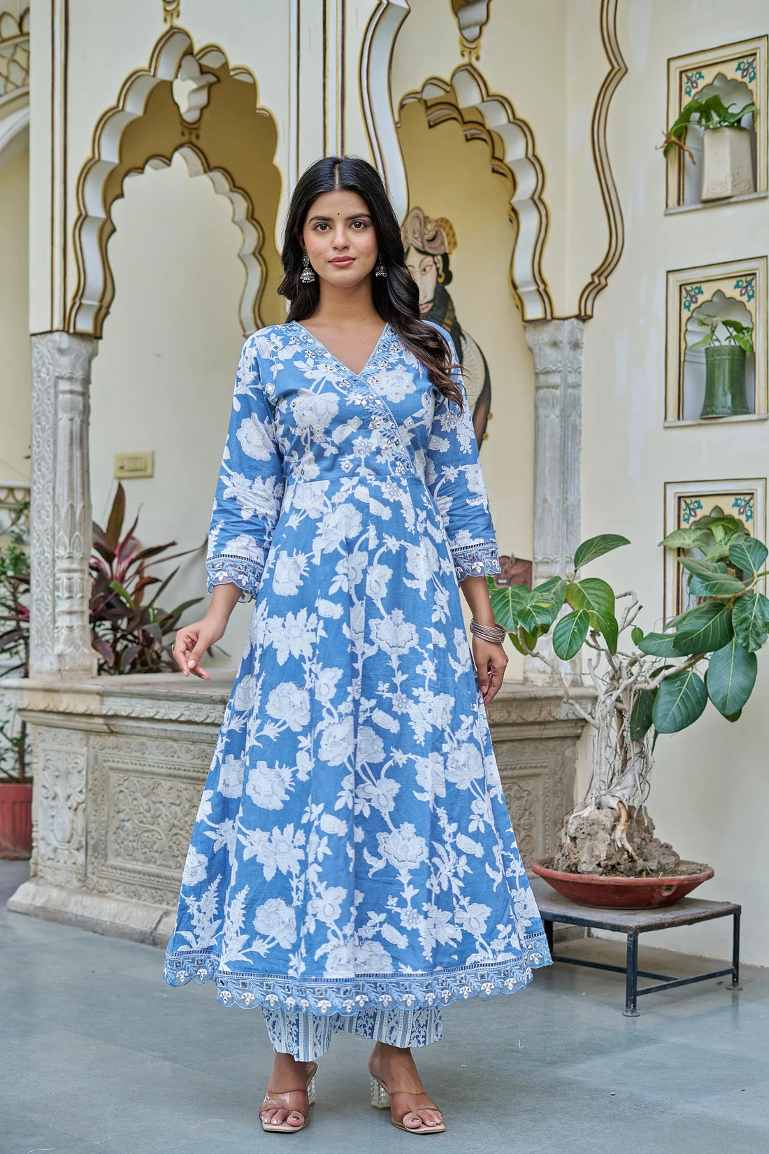 Blue & White Floral Anarkali Cotton Suit Set with Dupatta