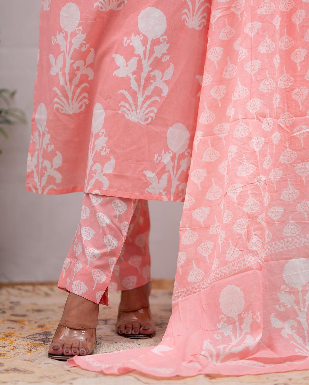 Elegant Peach Cotton Embroidered 3-Piece Suit