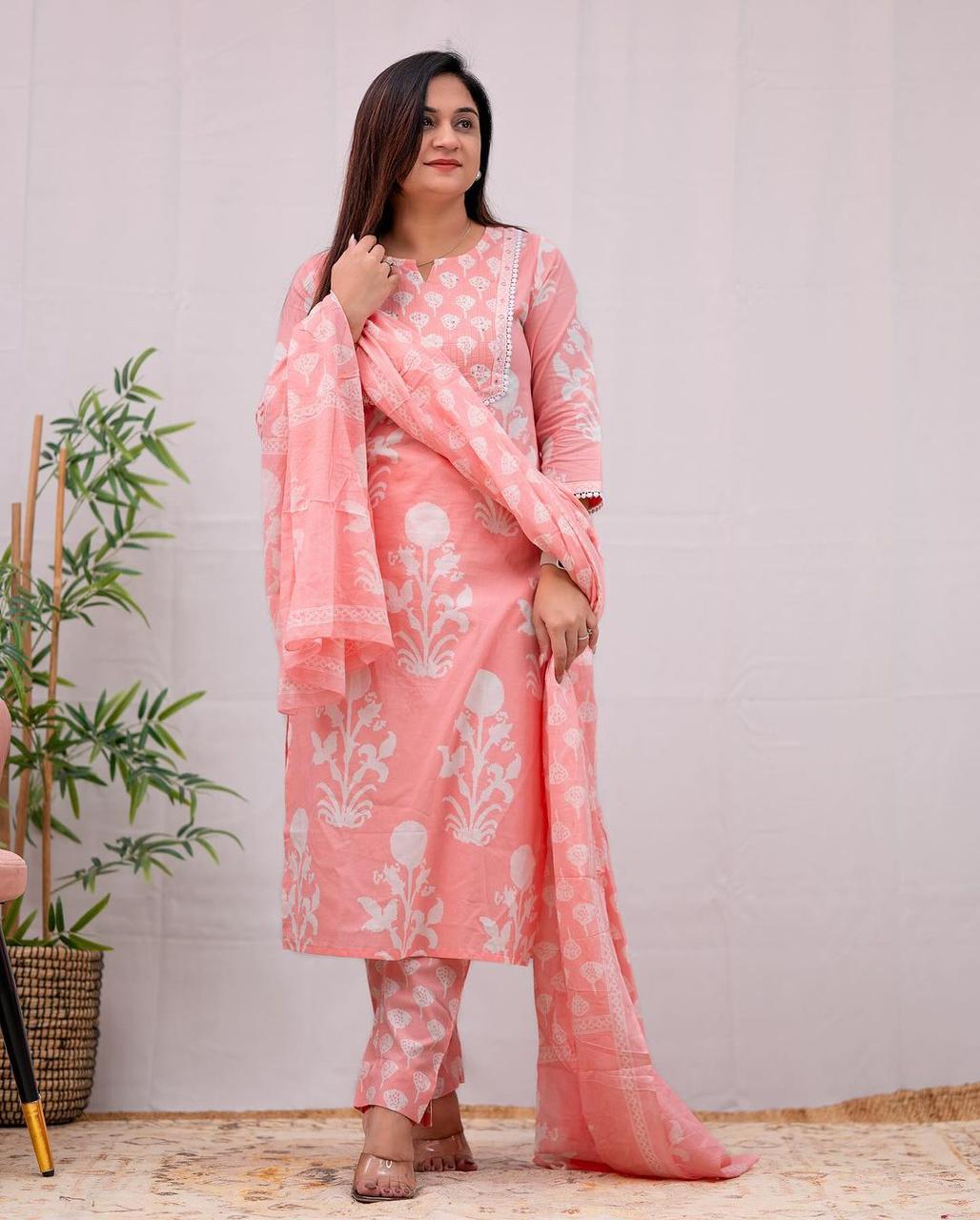 Elegant Peach Cotton Embroidered 3-Piece Suit