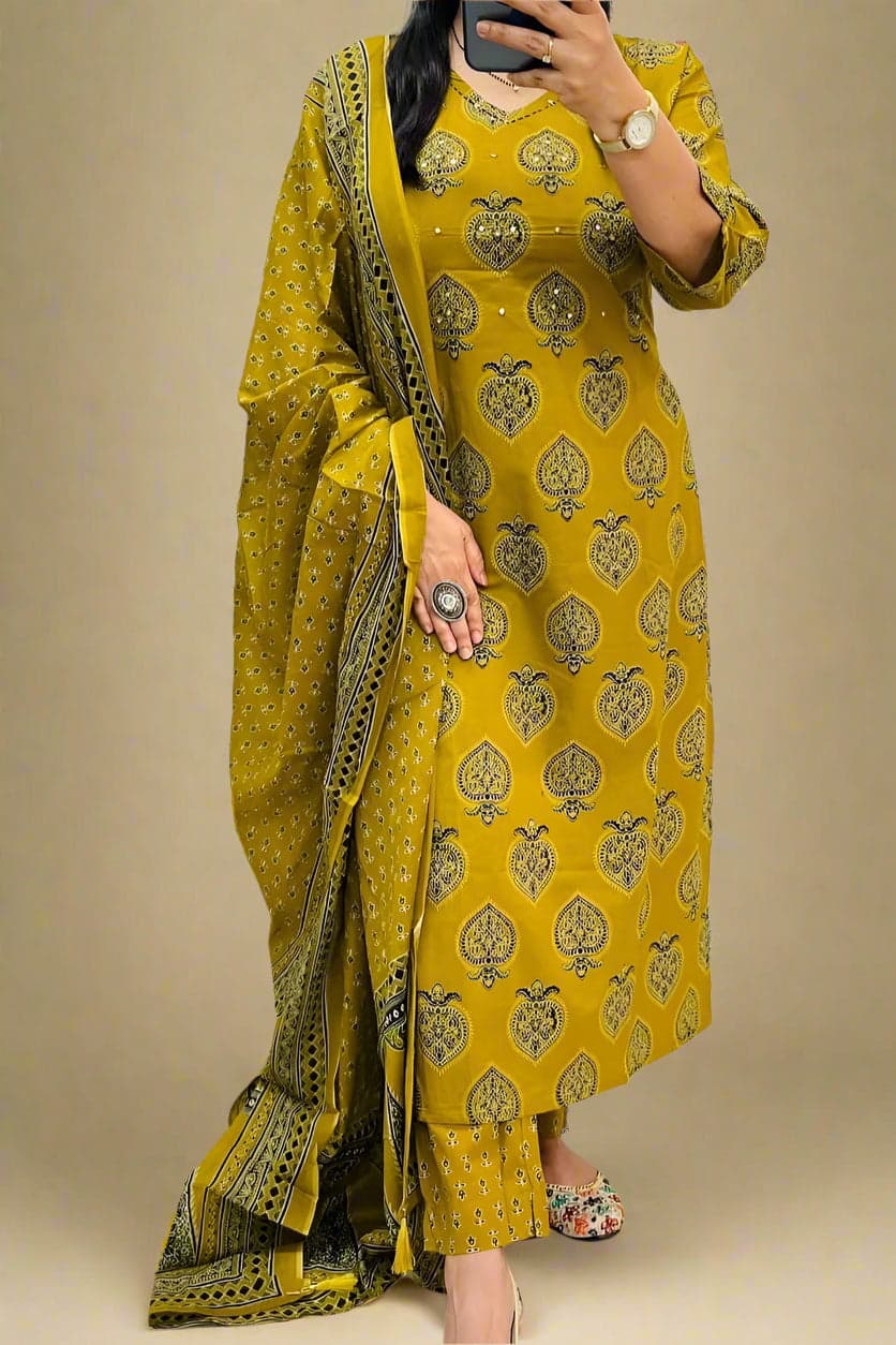 Mustard Yellow Cotton Printed Kurta Set with Dupatta