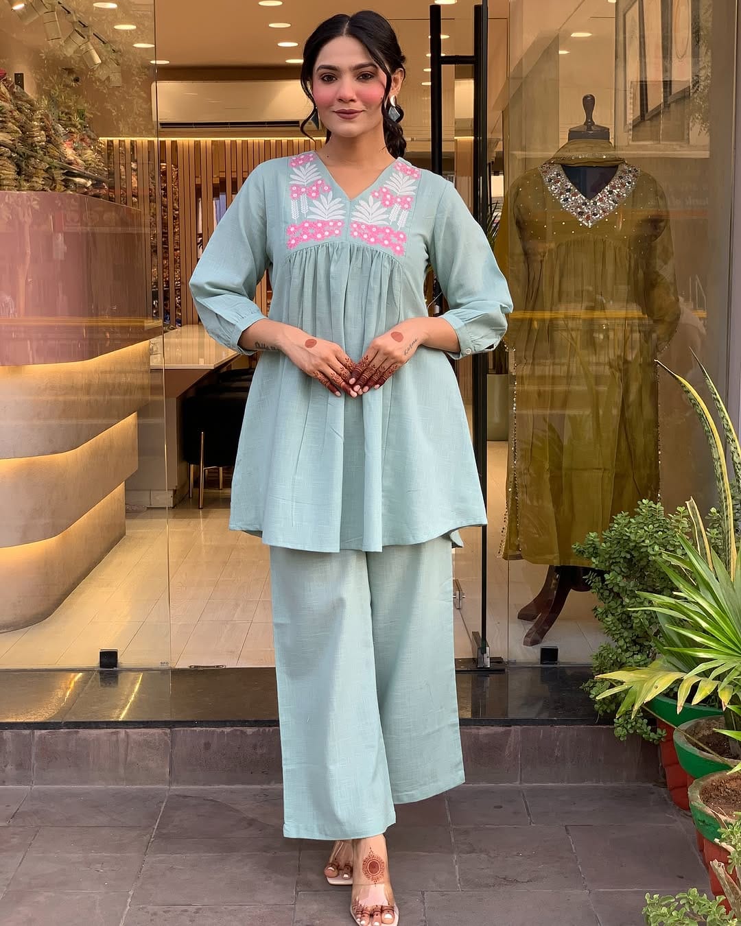 Mint Green Cotton Co-ord Set with Pink Embroidery