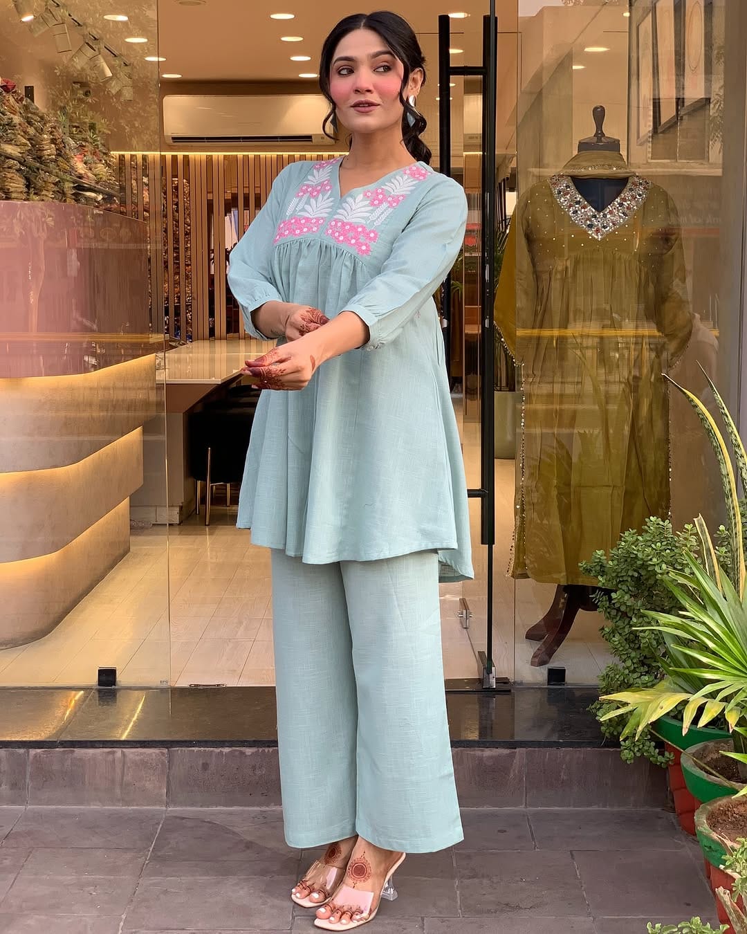 Mint Green Cotton Co-ord Set with Pink Embroidery