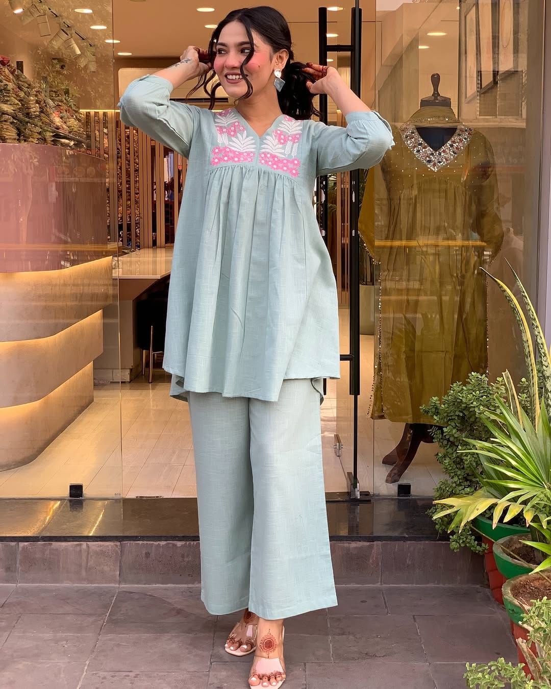 Mint Green Cotton Co-ord Set with Pink Embroidery