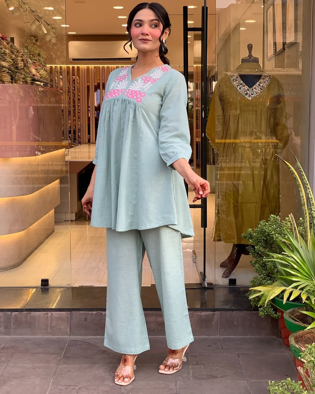 Mint Green Cotton Co-ord Set with Pink Embroidery