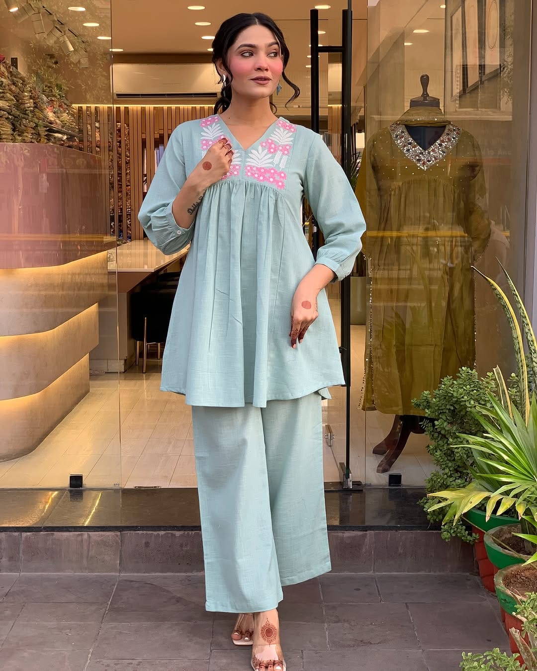 Mint Green Cotton Co-ord Set with Pink Embroidery