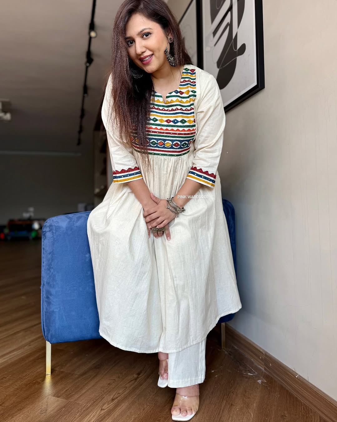 Ivory Flared Cotton Kurta Set with Multicolor Embroidery