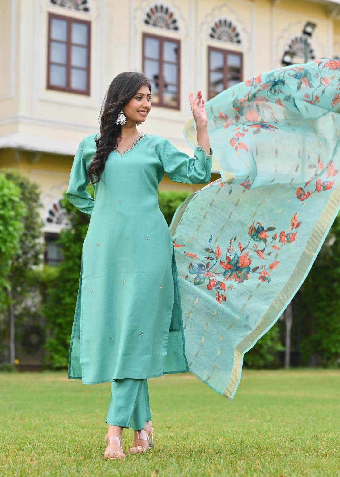 Aqua Blue Embroidered Suit Set with Printed Dupatta
